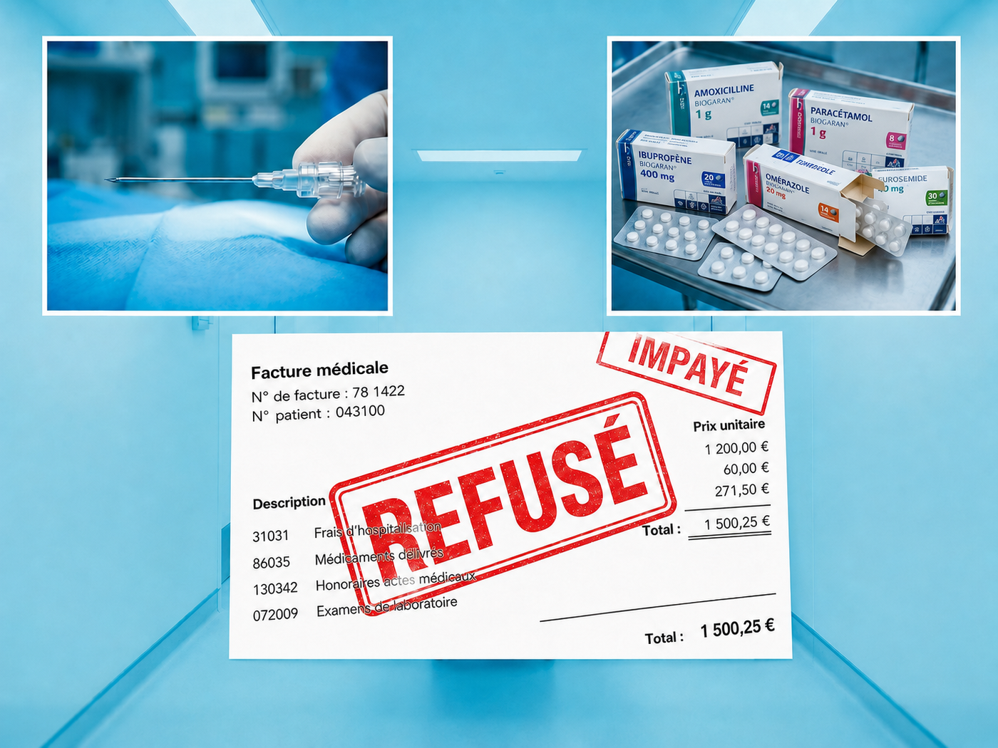 Injections, flacons de médicaments sur ordonnance et une facture d'assurance refusée