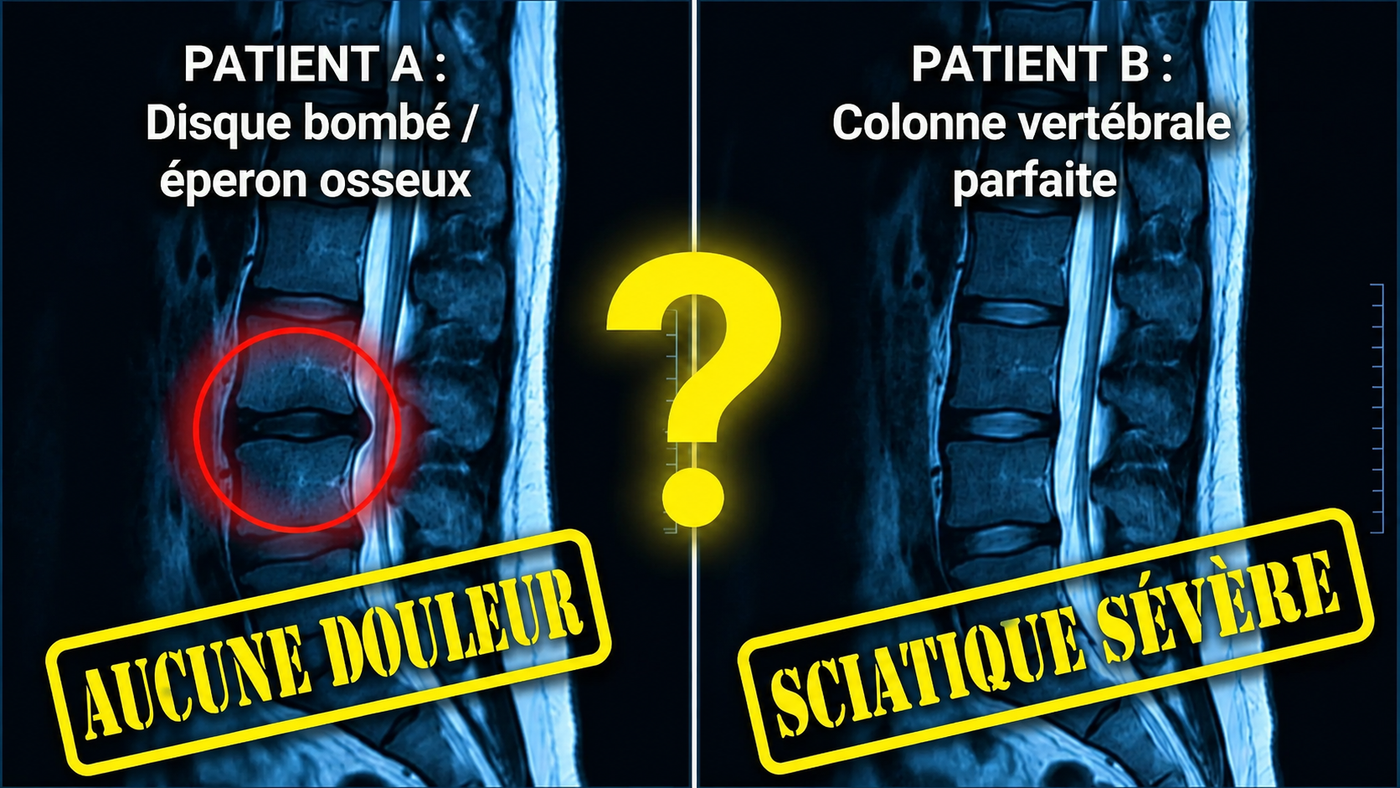 Comparaison IRM d'un patient avec une hernie discale sans aucune douleur et d'un patient à la colonne parfaite souffrant d'une sciatique sévère