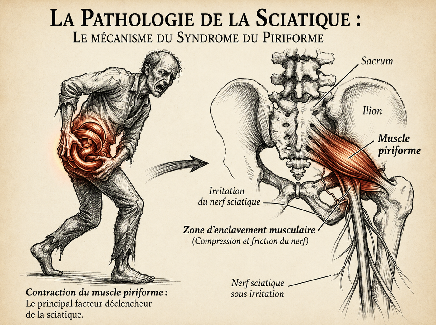 Illustration anatomique du muscle piriforme comprimant le nerf sciatique