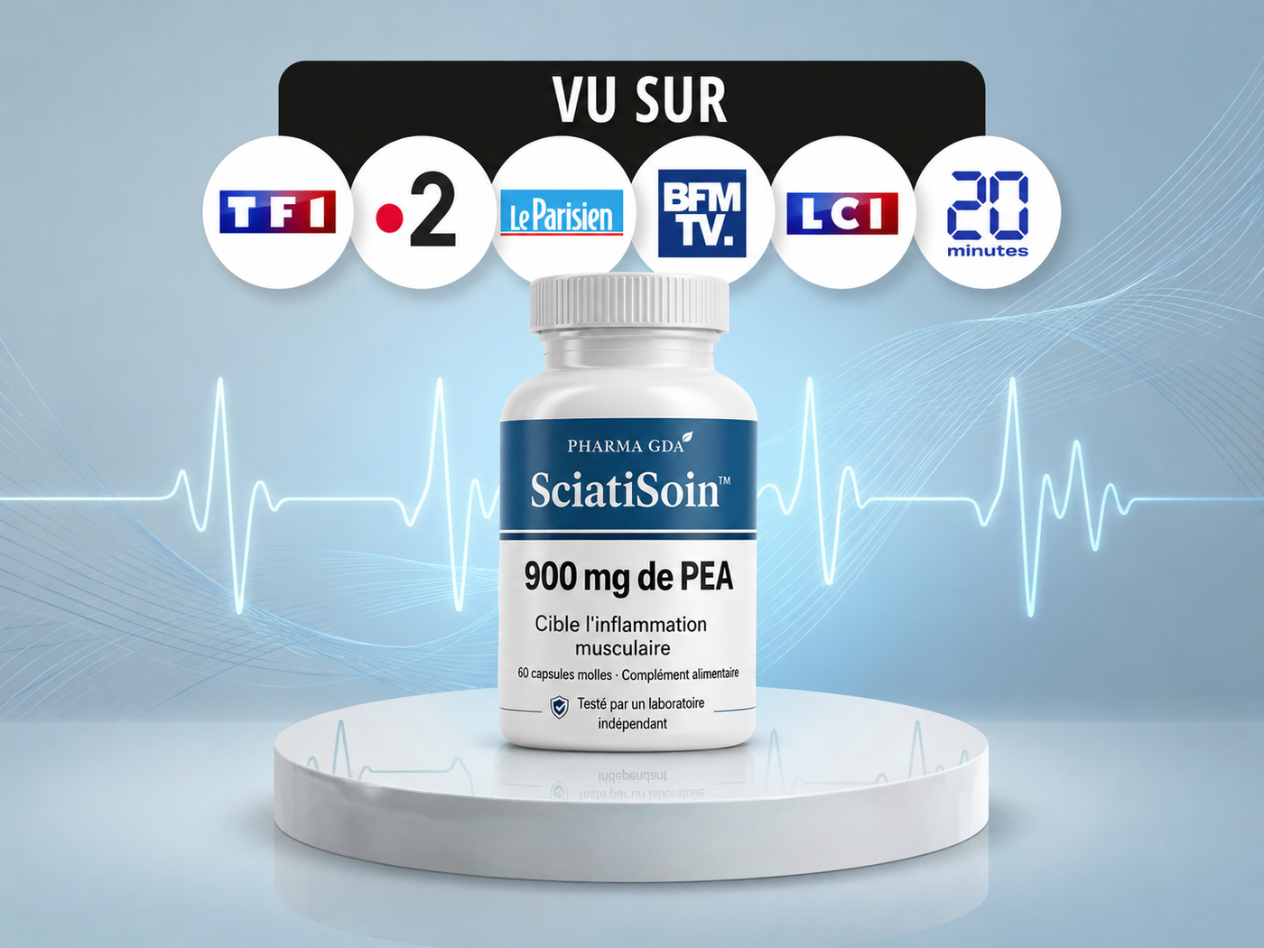 Flacon de capsules molles avancées SciatiSoin™ contre la sciatique