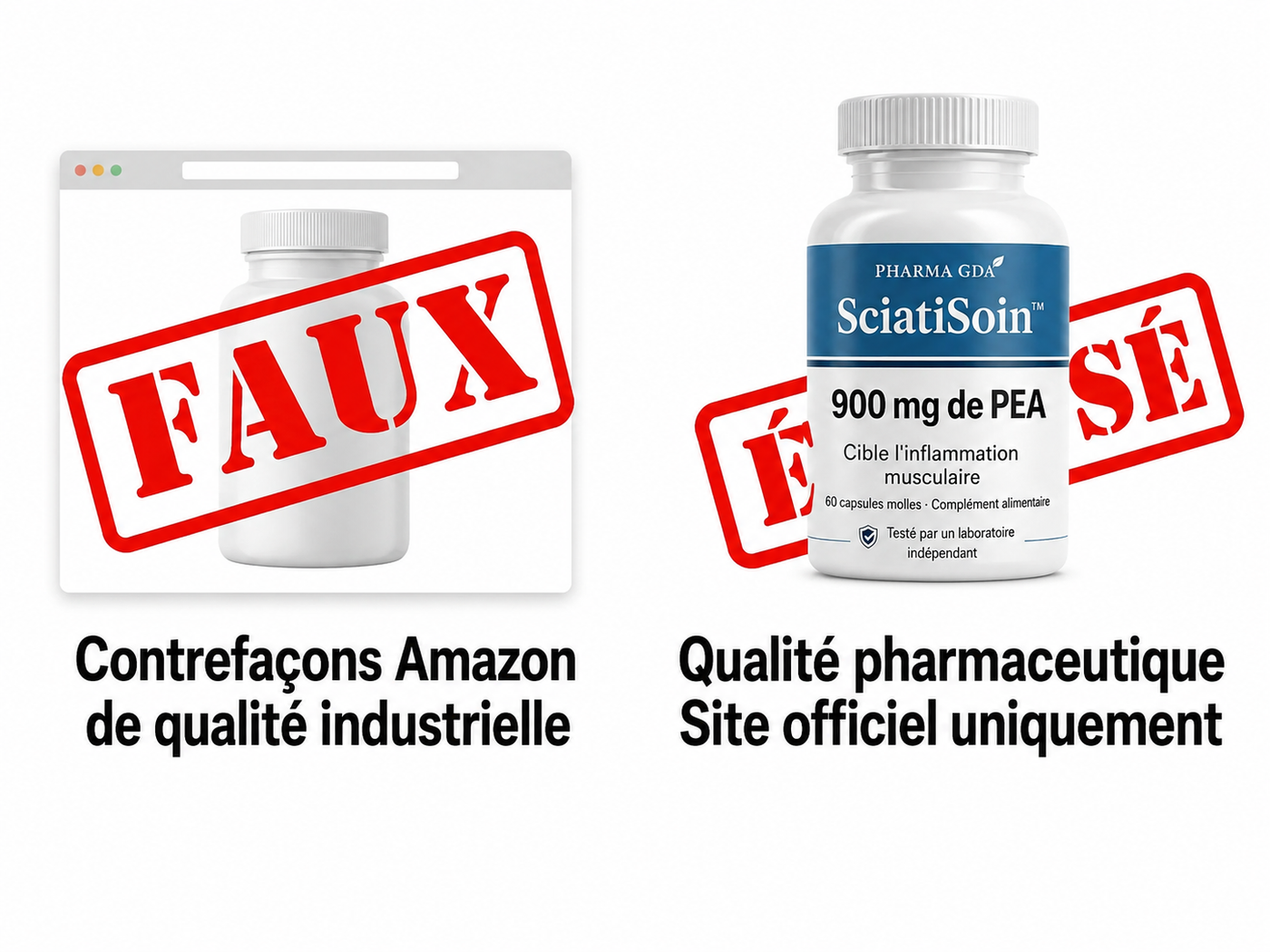 Fausses contrefaçons de qualité industrielle comparées au produit officiel de qualité pharmaceutique du site officiel