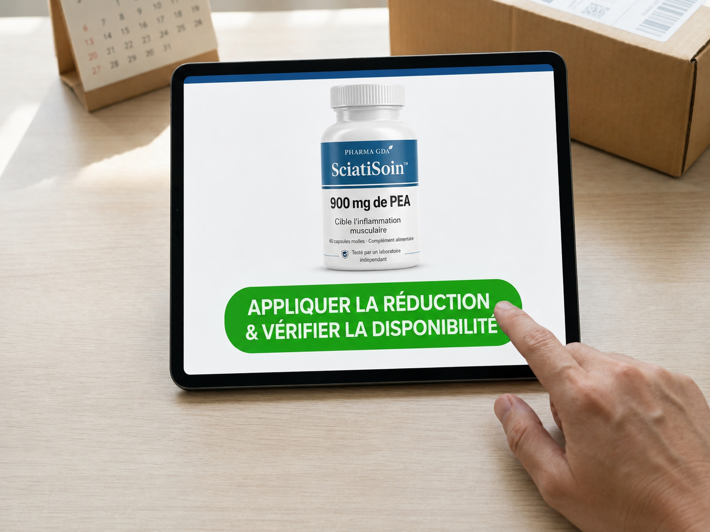 Doigt appuyant sur le bouton appliquer la remise et vérifier la disponibilité sur une tablette