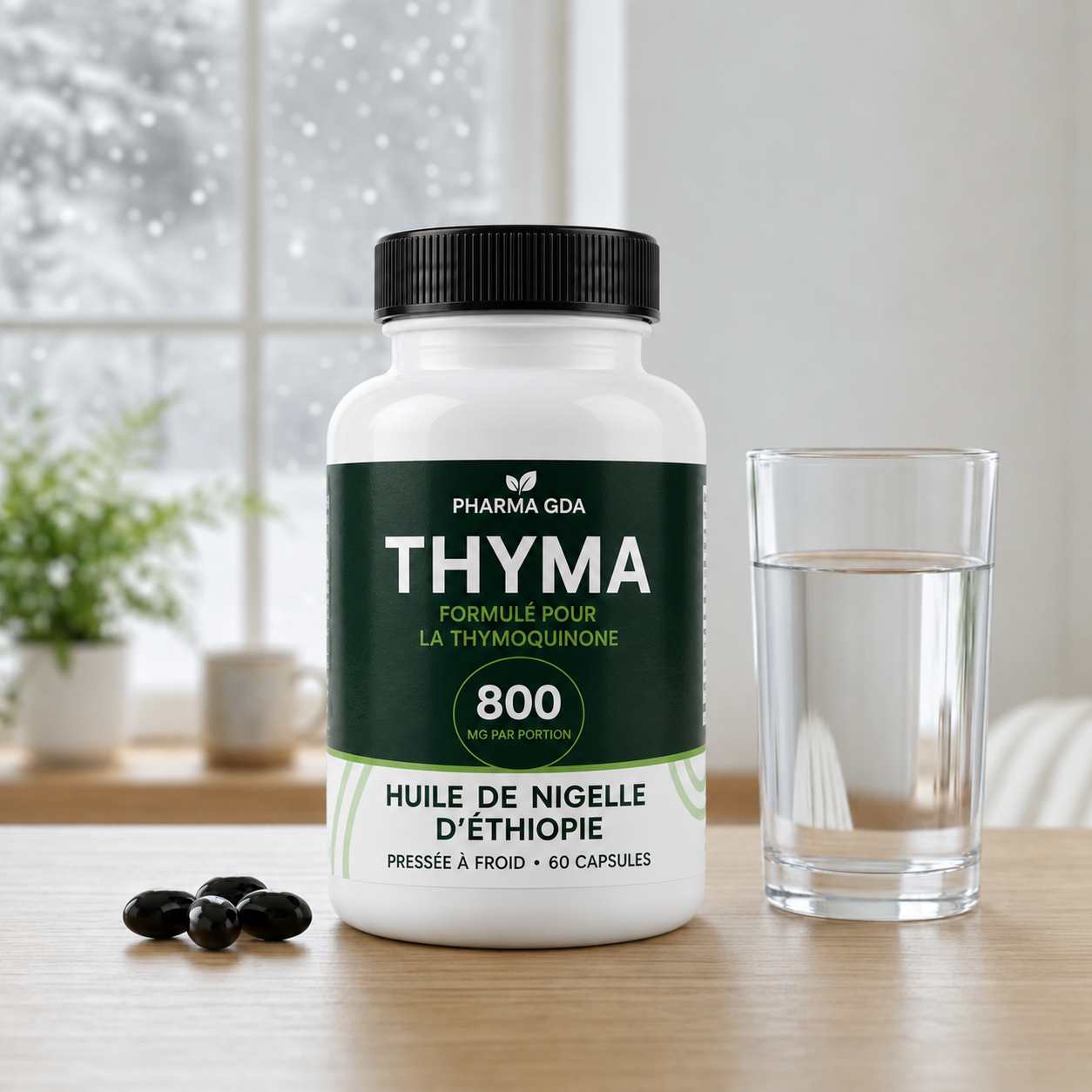 Un flacon d'huile de nigelle éthiopienne THYMA™ posé sur une table avec un verre d'eau et des capsules molles.