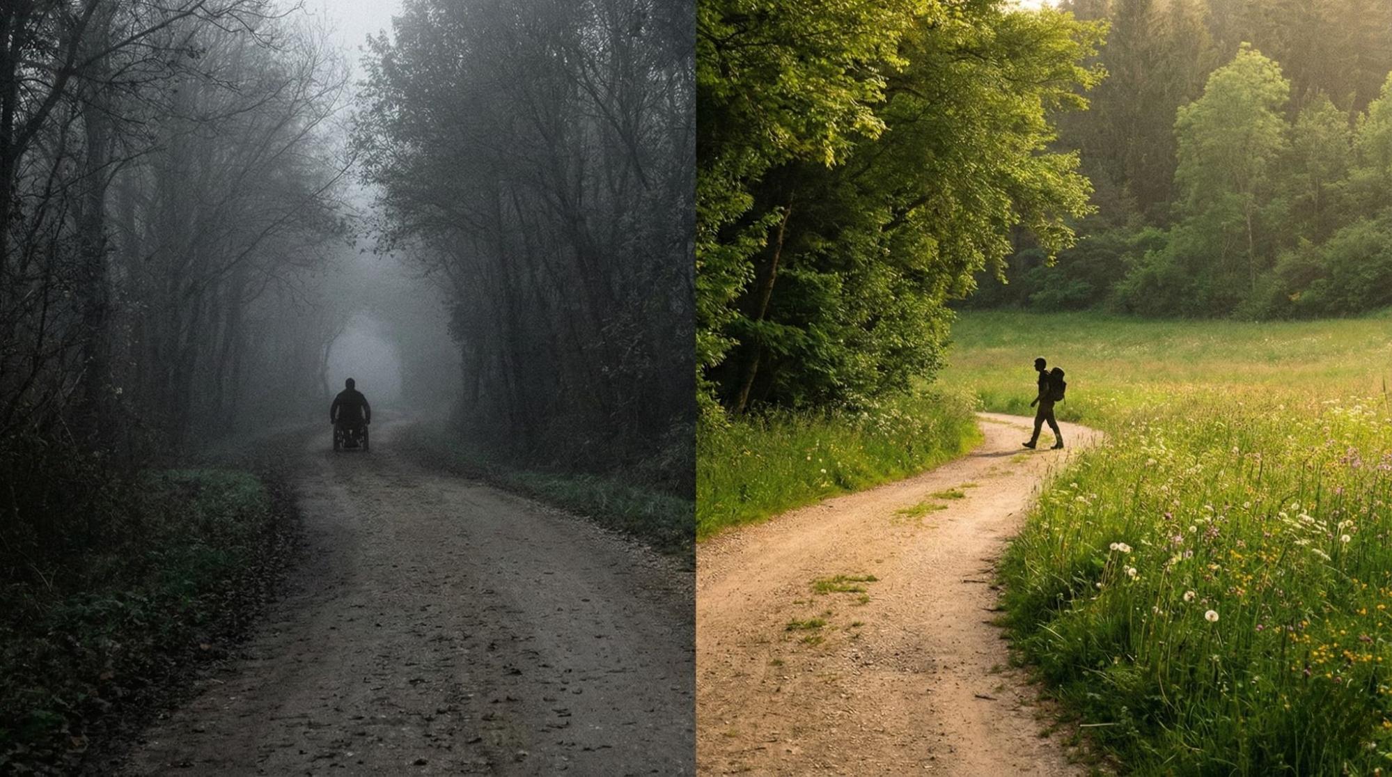 Deux chemins : une route sombre et brumeuse et un sentier lumineux et ensoleillé